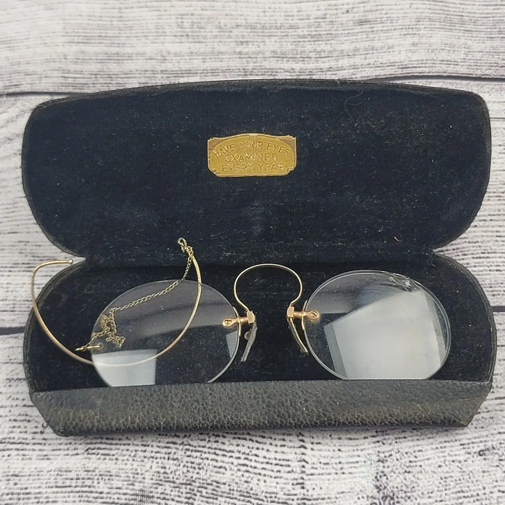 Antique Eyeglasses with Case Spectacles Nose Pinch with Ear Loop